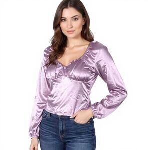 Madden NYC Babydoll Top Women's Size M Lavender Puff Sleeve Sweetheart Neckline